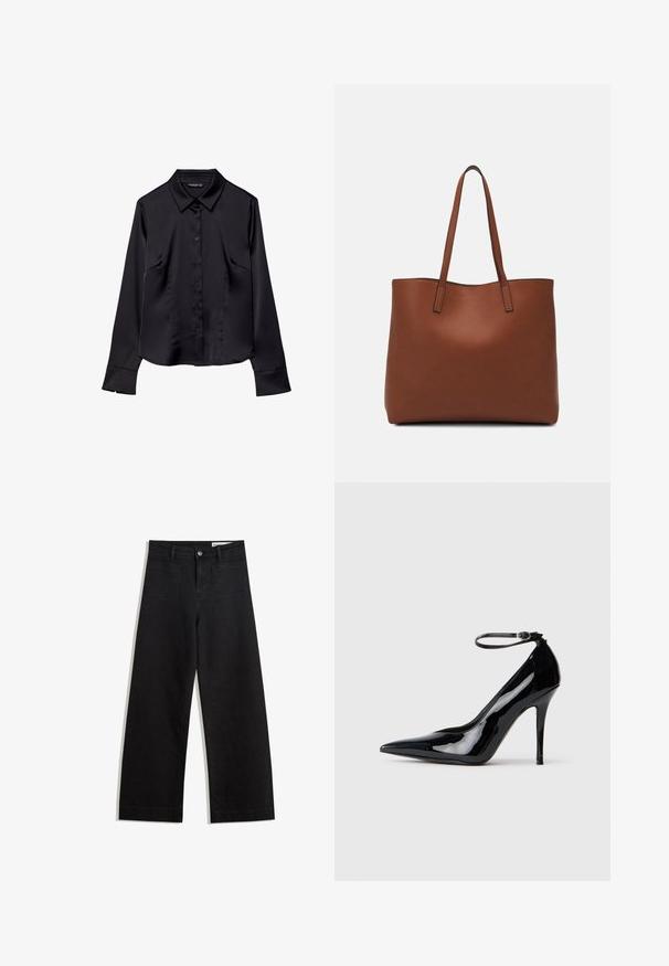 Mustassa pitkähihaisessa paidassa on sileä kangas, terävä kaulus, nappisuljenta edessä ja kaksi etutaskua.; Mustat leveät farkut korkealla vyötäröllä, joissa on etu- ja takataskut, ommellut saumat ja nappisuljenta. Silkinoinen rakenne.; Mustat lakatut korkokengät, joissa on terävä kärki, nilkkaremmi ja sileä, kiiltävä pinta. Korkea stiletto-korko viimeistelee elegantin muotoilun.; Ruskea nahkainen olkalaukku, jossa on sileä pinta, avoin yläosa ja kaksi olkahihnaa. Omaavat vain minimaalisen ompelun eikä näkyvää metalliosaa.