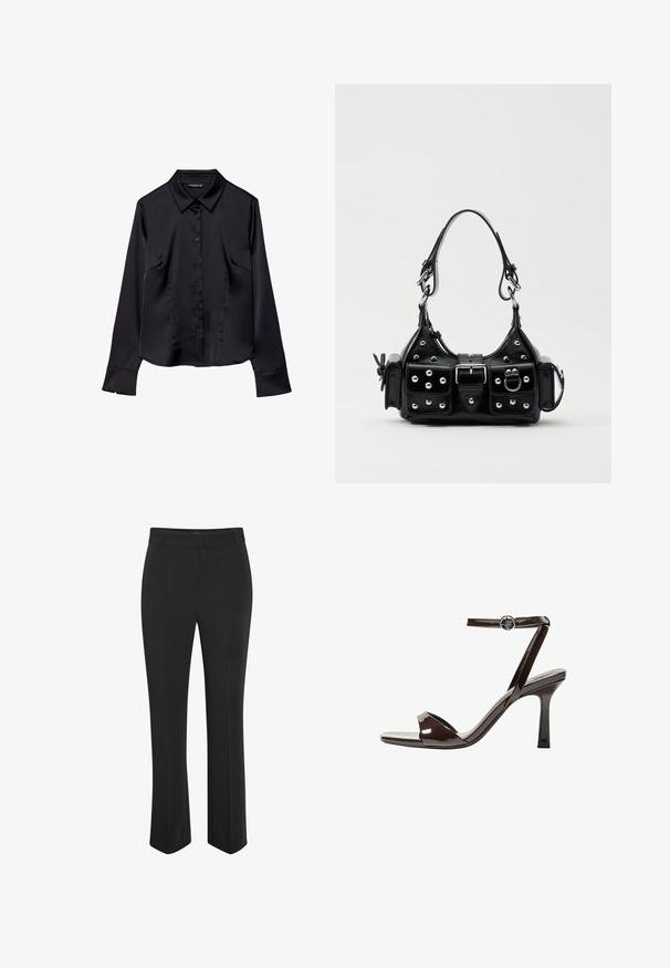 Zwarte blouse met lange mouwen van gladde stof, met een puntige kraag, knoopsluiting aan de voorkant en twee voorzakken.; Zwarte op maat gemaakte broek van een gladde stof, met een rechte pijp en een medium rise tailleband zonder extra accenten of patronen.; Bruine gepatenteerde lederen sandaal met hoge hak, enkelbandje, open teen, en een strak, minimalistisch ontwerp. Voorzien van een vierkante hak.; Zwarte lederen handtas met een gebogen ontwerp, voorzien van zilveren studs, een gesp en twee zijvakken. Verstelbare schouderband voor verschillende draagmogelijkheden.