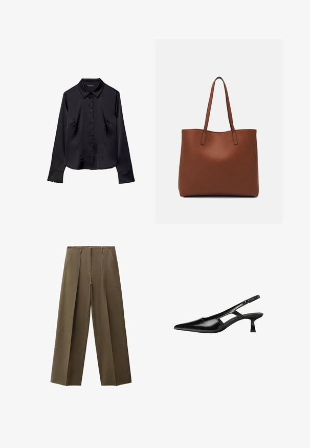 Čierna dlhá košeľa s dlhým rukávom z hladkej tkaniny, vybavená špicatým golierom, uzáverom na gombíky a dvoma prednými vreckami.; Vyššie pásové široké nohavice v olivovo zelenej farbe, s dvoma prednými vreckami a prepleteným dizajnom pre zvýšenú textúru.; Čierne lakované kožené lodičky na podpätku s špicatou špičkou, výrezovým dizajnom na boku a malým štvorcovým podpätkom. Hladký povrch s minimálnymi akcentmi.; Hnedá kožená taška na rameno s hladkou textúrou, otvoreným vrchom a dvoma ramenými popruhmi. Má minimálne šitia a žiadne viditeľné kovania.