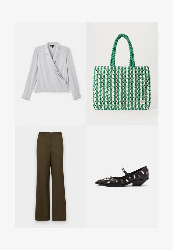 Theory LAPEL WRAP - Bluză - platinum; Pantaloni largi de culoare verde măslinie, confecționați dintr-un amestec de bumbac. Prezintă o închidere cu buton în față, brătele pentru curea și două buzunare laterale.; Pantof de piele neagră în stil Mary Jane, cu vârf ascuțit, decorat cu pietre de diverse forme în nuanțe de roz și transparent, având un toc joasă în formă de wedge.; Geantă de tote țesută verde și albă, cu o formă rectangulară structurată, finisaj texturat și două mâneri rezistente. Include o etichetă cu logo pe lateral.