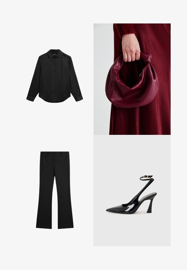 Black long-sleeve button-up shirt with a classic collar, smooth texture, and curved hem. Features button closure and cuffed sleeves.; Black flared pants made of smooth fabric, featuring front pockets and a tailored fit with pressed crease lines for a polished look.; Black patent leather slingback high heels with a pointed toe, adjustable ankle strap, and a moderate block heel. Smooth texture with glossy finish.; Burgundy leather handbag with a soft, gathered design and a rounded shape. The handle is secured, showcasing a smooth texture.