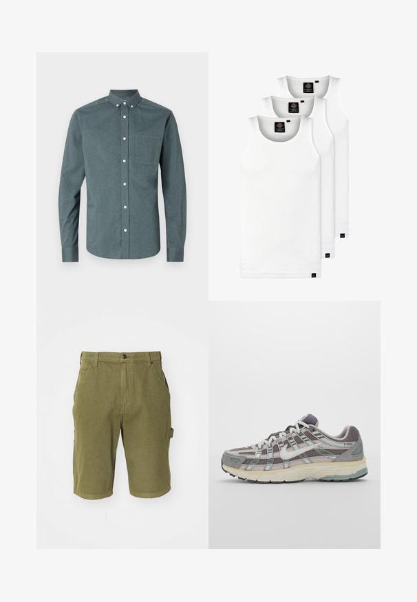 Srajca z gumbi v temno teal barvi, dolgi rokavi, ovratnik z gumbi, ena prsna žepe, s belimi gumbi in teksturirano tkanino.; Tri bele rebraste majice brez rokavov iz bombaža. Imajo okroglo izreza in majhne črne etikete blizu roba. Na voljo v več velikostih.; Olivnozeleni bombažni cargo šorti z gumbom za zapiranje, zankami za pas, stranskimi žepi in rahlo teksturiranim zaključkom tkanine.; Sive športne čevlje z zgornjim delom iz mrežastega in semiš materiala, belimi akcenti, oblazinjenim podplatom ter edinstvenim dizajnom z odsevnimi elementi.