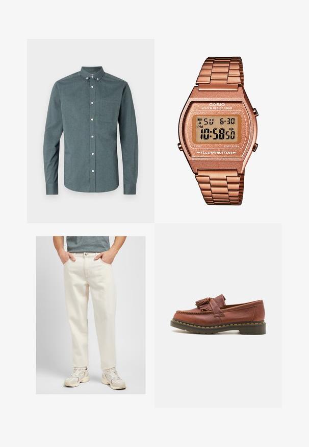 Srajca z gumbi v temno teal barvi, dolgi rokavi, ovratnik z gumbi, ena prsna žepe, s belimi gumbi in teksturirano tkanino.; Lee OSCAR - Široke kavbojke - off white; Rjavi usnjeni mokasin s dodatki v obliki resic, teksturirana površina in kontrastne rumene šive ob črnem gumenem podplatu. Stranska perspektiva.; Digitalna Casio ura z rožnato zlato kovinsko zanko, pravokotno ohišje, osvetljen prikaz, vodoodpornost, ki prikazuje čas in datum.