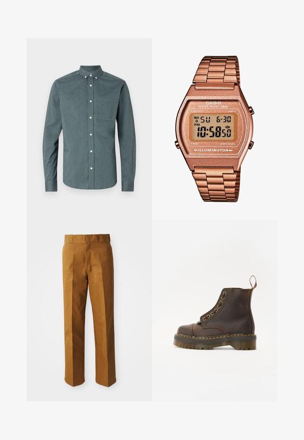 Tume tealist nööbiga särg, pikad varrukad, nööbiga kaelus, üks rinna-tasku, millel on valged nööbid ja tekstureeritud kangas.; Pruunid, kohandatud püksid, millel on sile tekstuur, otse jala disain, ees voldid ja tavaline vöökoht.; Pruun nahast pahkluu saapad ümmarguse varbaga, kontrastsete kollaste õmblustega, dekoratiivsete metallist silmadega ja soonilise kummitaldiga.; Digi Casio kell, roosakullast metallist rihmaga, ristkülikukujuline korpus, valgustatud kuva ja veekindel, näitab kellaaega ja kuupäeva.; Mitme kihiga kaelakee, mis sisaldab hõbedasi ahelad ja pärlihelmed koos võlude ja ruudukujulise ripatsiga, sealhulgas võtmed. Sile tekstuur ja läikiv viimistlus.