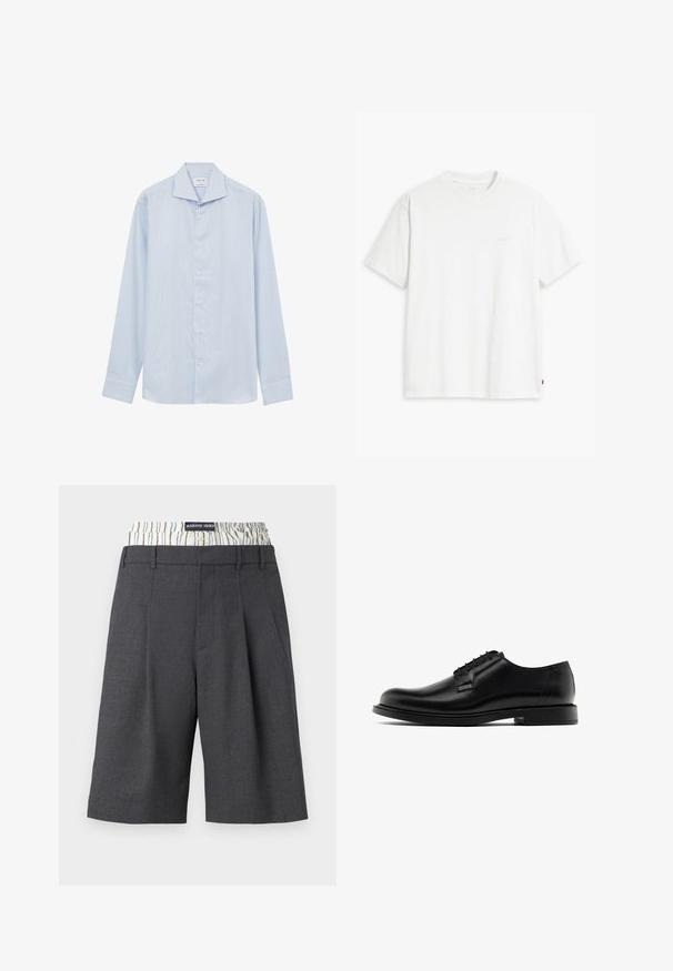HimmelblauesLangarmhemd mit dünnen vertikalen weißen Streifen, featuring einen offenen Kragen, Vorderknöpfen und einem geraden Saum.; Weißes Baumwoll-T-Shirt mit kurzen Ärmeln, Rundhalsausschnitt und dezentem Levi's-Logo in der Mitte. Weicher Stoff und normale Passform.; Graue maßgeschneiderte Bermudashorts mit Faltendesign und einem kontrastierenden gestreiften Bund. Hergestellt aus einem strukturierten Stoff.; Schwarze Leder-derbyschuhe mit abgerundetem Zeh, glatter Oberfläche, sechs Ösen und flacher Gummisohle. Minimalistisches Design ohne sichtbare Muster.