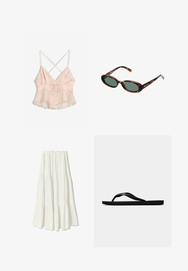 Hellrosa Trägeroberteil mit verstellbaren Spaghetti-Trägern, tailliertem Oberteil und ausgestelltem Saum mit gezacktem Rand und Bindungsdetail.; Weißer Maxikleid mit einem gestuften Design, gefertigt aus leichtem Stoff. Verfügt über einen elastischen Bund und zarte Nähte.; Schwarze Gummi-Flip-Flop-Sandale mit einem strukturierten Riemen und einfacher flacher Sohle, von der Seite auf einem schlichten hellen Hintergrund dargestellt.; Schildpatt-Sonnenbrille mit ovalen Rahmen und grünen Gläsern. Verfügt über dünne Bügel mit einem metallischen Akzent in der Nähe der Scharniere.