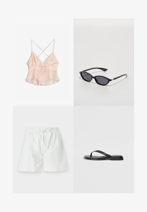 Svetlo roza kamizola z nastavljivimi naramnicami, oprijetim pasom in razširjenim obodom z valovitim robom in detajlom za zavezovanje.; Moške hlače iz lahkega blaga, z navpičnimi črtami v svetlo modri in beli barvi, z elastičnim pasom in vrvico.; Črne japanke iz gladke usnjene materiale, z tankim trakastim dizajnom in ravnim podplatom minimalnega profila. Brez opaznih vzorcev ali dodatkov.; Črne sončne očala z ovalnimi lečami, temno gradientno zaščito ter ozkimi ročaji z diskretnimi zlatimi detajli. Gladka plastična površina.