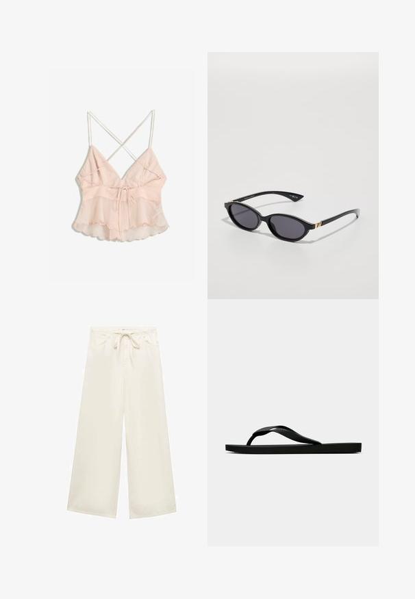 Lyserød cami med justerbare spaghetti-stropper, fitted bodice og en flared kant med en bølget kant og bindedetaljer.; Bredde ben, cremefarvede bukser lavet af letvægtstof, med en snøre i taljen og forlommer. Glat tekstur, enkelt design.; Sorte gummiflip-flopsandaler med en tekstureret rem og simpel flad sål, vist fra siden på en lys ensfarvet baggrund.; Sorte solbriller med ovale linser, mørk gradienttint og slanke arme med diskrete guldkant. Glat plastikfinish.