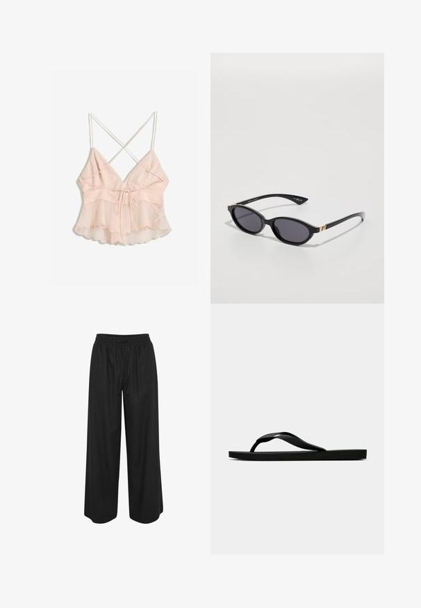 Vaaleanpunainen toppi, jossa on säädettävät ohuet olkaimet, istuva yläosa ja liehukehä, jossa on aaltoileva reuna ja nauhakiinnitys.; Mustat löysät housut, jotka on valmistettu kevyestä kankaasta. Niissä on joustava vyötärö ja kiristysnyöri säädettävää istuvuutta varten.; Musta kumisaapas sandaali, jossa on teksturoitu thong-hihna ja yksinkertainen litteä pohja, esitetty sivustolta vaalealla taustalla.; Mustat aurinkolasit, joissa on ovaalit linssit, tummat sävygradientit ja kapeat varret, joissa on hienovaraiset kultaiset yksityiskohdat. Sileä muovipinta.