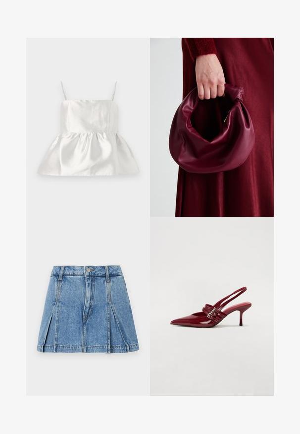 Baltos satino marškinėliai plonomis petnešėlėmis ir prigludusia krūtine, kuri išsiplečia į susiraukšlėjusią peplum apatinę dalį, lygi tekstūra su nežymiu blizgesiu.; Šviesiai mėlyna džinsinė mini sijonas su klostuotu dizainu, sidabriniu mygtuko uždarymu ir klasikinėmis penkiomis kišenėmis.; Raudoni blizgūs odiniai bateliai su atviru kulnu, smailiu nosiu, dviem užsegimais ir plonu, vidutinio aukščio stiletto kulnu. Lygus paviršius.; Bordo odinė rankinė su minkštu, susiraukšlėjusiu dizainu ir apvalia forma. Rankena yra tvirtai pritvirtinta, atskleidžianti lygią tekstūrą.