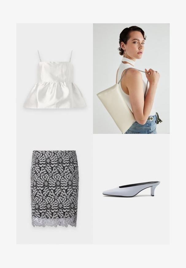 Fehér selyem top vékony pántokkal és illeszkedő felsőrésszel, ami fodros peplum szegélybe szélesedik ki, sima textúrával és enyhe fényességgel.; Fekete csipkés szoknya ezüst virágmintával, fodros szegéllyel és bonyolult horgolt textúrával. Formára szabott kialakítás sima bélés alatt.; Világoskék patent bőr mules, hegyes orral, alacsony átlátszó sarokkal, és egy letisztult dizájnnal, amelynek a vampjén kivágás található.; Fehér, téglalap alakú, fényes anyagból készült clutch táska, ezüst láncos pánttal. A modell pózol, bemutatva a táskát egy egyszínű háttér előtt.