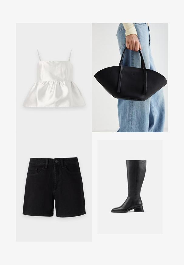 Top de cetim branco com alças finas e corpete ajustado que se alarga numa bainha peplum franzida, textura suave com leve brilho.; Calções de ganga pretos com um corte clássico, apresentando um fecho à frente com botão, bolsos tradicionais e uma textura suave.; Bota de couro preta até ao joelho, com bico redondo e salto baixo, em bloco. Apresenta uma textura suave e detalhes de costura mínimos.; Bolsa de mão em couro preto com uma forma única em leque, apresentando alças planas. A superfície tem uma textura pebble e um design minimalista.