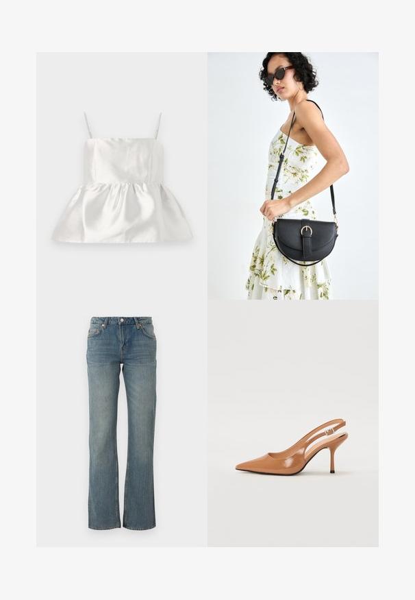 White satin top with thin straps and a fitted bodice that flares into a gathered peplum hem, smooth texture with slight sheen.; Light blue denim jeans feature a straight fit, five-pocket design, and copper hardware accents. Fabric has a slightly textured finish.; Pointed toe slingback heel in a smooth, glossy tan material. Features a curved cutout design and a slender stiletto heel. Silver buckle detail.; Black leather handbag with a curved shape, detachable strap, and gold hardware. The bag features a flap with a buckle detail.