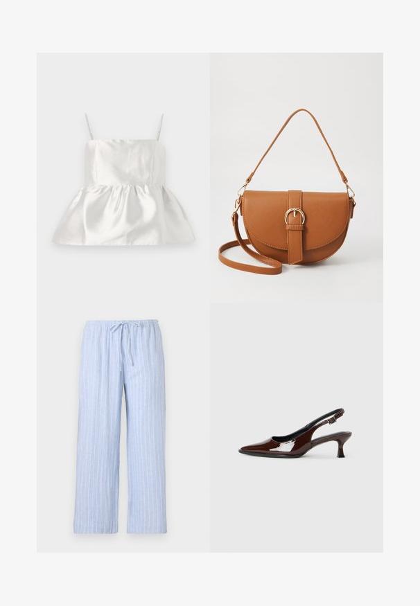 Balts satīna tops ar plānām siksnām un piegulošu augšdaļu, kas izplešas uz savāktās pepluma apakšdaļas, gluda tekstūra ar vieglu spīdumu.; Gaiši zili pidžamu bikses ar baltām vertikālām svītrām, izgatavotas no mīksta auduma, ar elastīgu jostu un regulējamu auklu.; Brūnas patentētas ādas sprauga kurpes ar norādītu pirkstu un mērenu papēdi. Aprīkotas ar sprādzi, lai nodrošinātu drošu fit. Gluda tekstūra.; Brūns ādas plecu soma ar izliekta formu, zelta piederumiem un sprādzes akcentu. Iesaiņota ar noņemamu plecu siksnu.