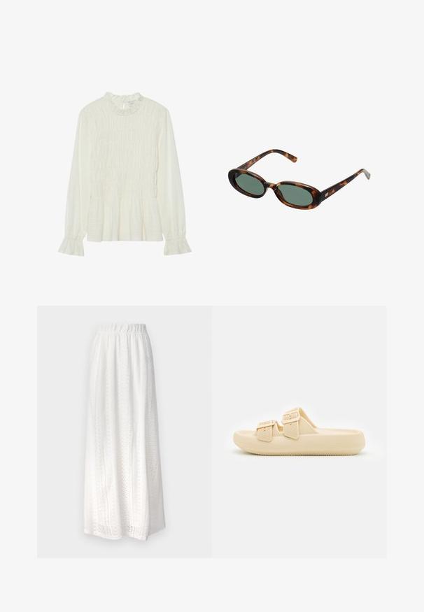 Hvid bluse med lange ærmer, der har en rynket halsudskæring, smocket krop og flagrende mansjetter, lavet af struktureret stof med en peplum-hem.; Hvid maxi nederdel lavet af tekstureret stof med udskæringsmønstre, elastisk talje og svajende design.; Beige slip-on sandal med tekstureret overdel, justerbare spænder og en tyk, polstret sål. Letvægtsdesign velegnet til afslappet brug.; Skildpaddemønstrede solbriller med ovale stel og grønne linser. Har tynde arme med en metallisk detalje nær hængslerne.