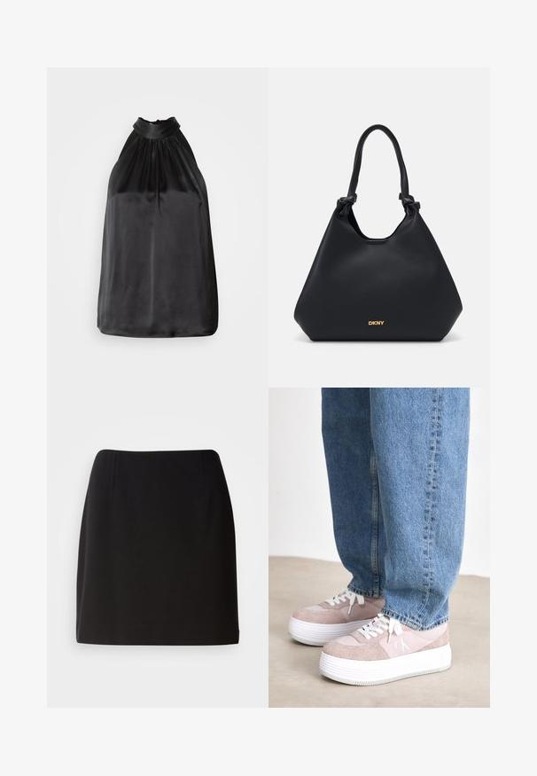 Fekete selyem halter nyakú felső, a nyaknál összehúzott anyaggal és sima, folyó vonalvezetéssel. Egyenes szegély, látható minták vagy díszítések nélkül.; Fekete szoknya, testhez simuló sziluettel, sima anyagból készült. Finom elülső redőkkel és térdig érő hosszúsággal rendelkezik.; Világos rózsaszín sportcipők, amelyek velúrból és szövetből készültek, fehér platformtalp, kerek orrú és fűzős, farmernadrággal párosítva.; Fekete bőr tote táska texturált felülettel, kötött fogantyúkkal és arany logó részlettel az alján. Tágas sziluettel rendelkezik.