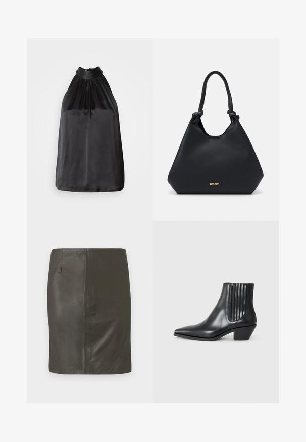 Čierny saténový top s halter krkom, so zhromaždeným materiálom pri výstrihu a hladkým, splývavým dizajnom. Priamy spodný lem bez viditeľných vzorov alebo akcentov.; Tmavozelená kožená sukňa s hladkou textúrou, priliehavým strihom a jedným bočným vreckom. Jednoduchý dizajn bez viditeľných kovových prvkov alebo vzorov.; Čierna kožená členková topánka s špicatou špičkou, elastickými bočnými panelmi s vertikálnymi drážkami a nízkym blokovým podpätkom. Hladká textura a elegantný dizajn.; Čierna kožená taška s textúrovaným povrchom, uzlovými detailami na rúčkach a zlatým logom na spodnej strane. Má voľný tvar.; Strieborné kruhové náušnice s lesklým povrchom a značkou DKNY, vystavené na rovnom bielom pozadí.