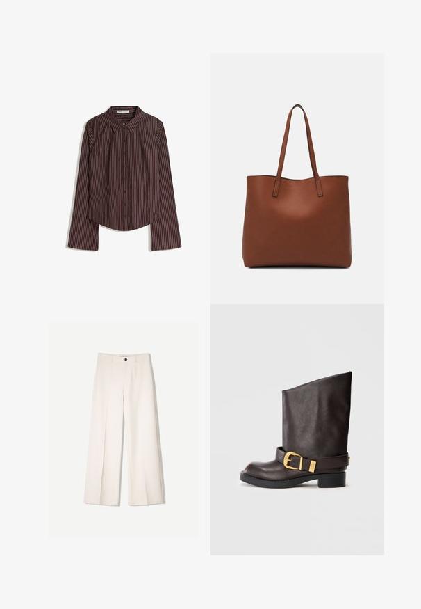 Bruine langslavige overhemd met witte fijne verticale strepen en een puntige kraag, plat gelegd op een witte achtergrond.; Crème brede broek met een tailored ontwerp, voorzien van twee voorzakken en een enkele sluiting met een knop aan de voorkant, gemaakt van een gladde stof.; Donkerbruine leren laars tot halverwege het kalf met zwarte zool, lage hak en decoratieve gouden gespstrand rond de enkel, zijaanzicht weergegeven.; Bruine leren tote bag met een gladde textuur, een ontwerp met een open bovenkant en twee schouderbanden. Kenmerkt zich door minimale stiksels en geen zichtbare hardware.