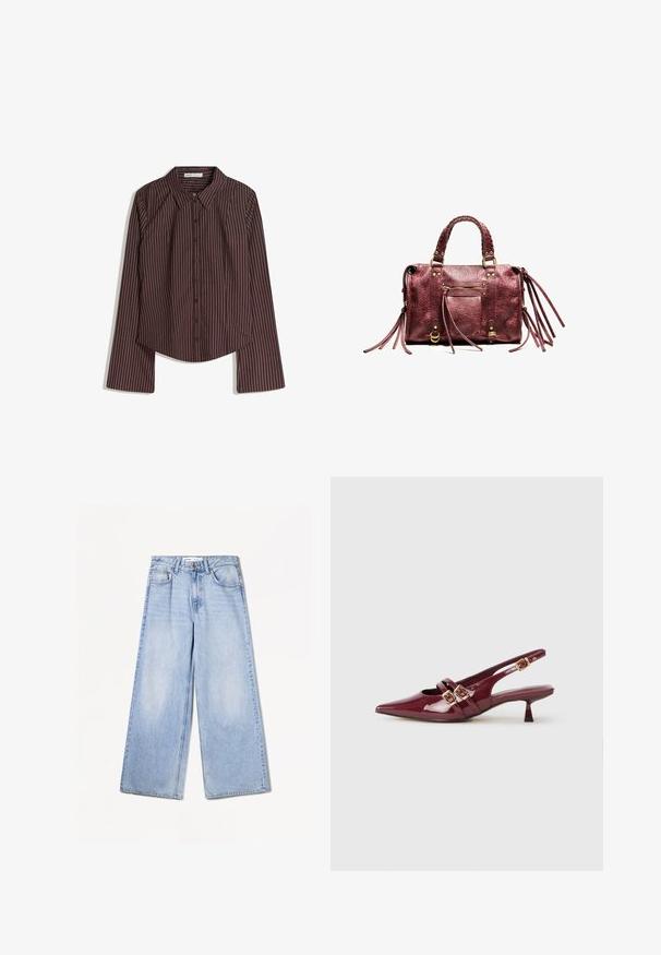 Brown long-sleeve button-up shirt with white fine vertical stripes and a pointed collar, laid flat on a white background.; Bershka WIDE-LEG - Wide Leg - light-blue denim; Burgundy patent leather slingback shoe with a pointed toe, two flat straps featuring gold buckles, and a small heel.; Maroon leather handbag with braided handles, fringe accents, and gold hardware. Features a front zip pocket and textured surface.