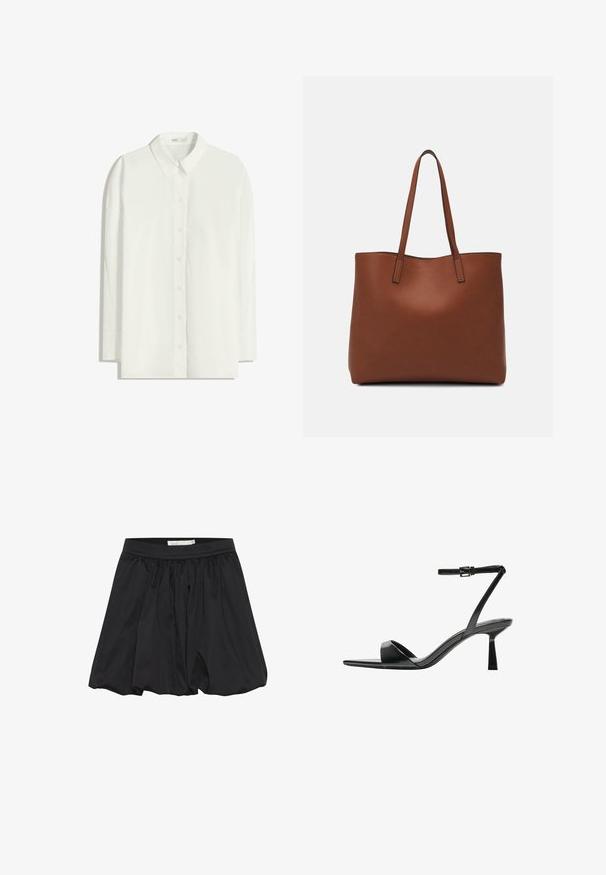 Camicia bianca a maniche lunghe con bottone realizzata in tessuto leggero. Presenta un colletto classico, orlo dritto e chiusura con bottoni.; Gonna nera con tessuto arricciato e vita elastica, caratterizzata da una texture liscia e da una forma rilassata e svasata.; Bershka Sandali con tacco - black; Borsa tote in pelle marrone con texture liscia, design con apertura superiore e due spallacci. Presenta cuciture minime e nessun hardware visibile.
