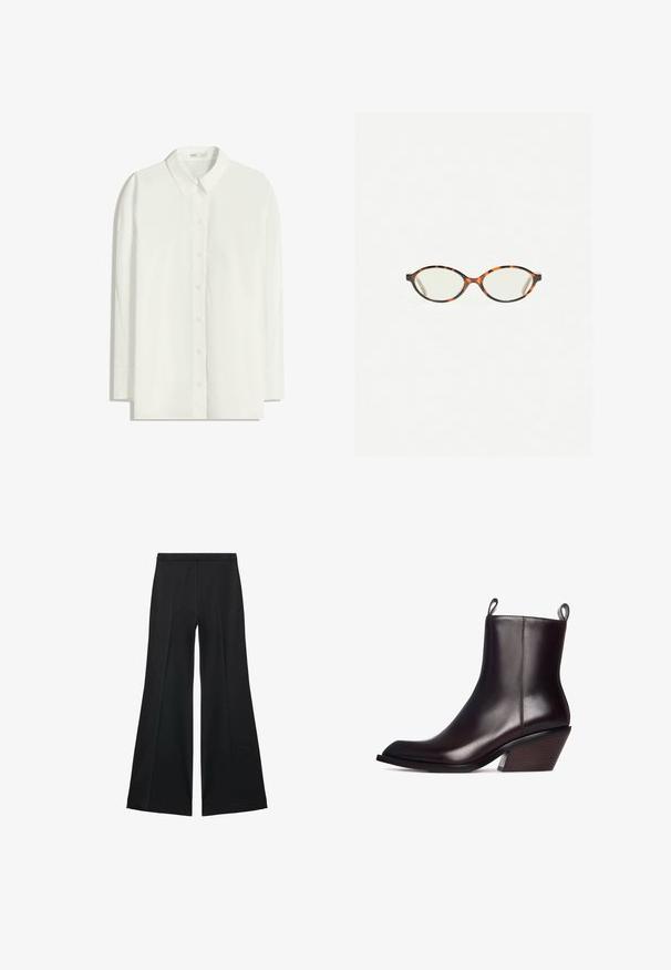 Bijela košulja dugih rukava s gumbima napravljena od laganog materijala. Ima klasičan ovratnik, ravni rub i prednje kopčanje na gumbi.; Crne široke hlače s glatkom teksturom, koje imaju prednje nabore i kroj po mjeri. Tkanina je lagana i lepršava.; Tamno smeđe kožne čizme do gležnja s oštrim vrhom, s teksturiranim drvenim potplatom i drškama s obje strane za lakše obuvanje.; Naočale u boji kornjače s ovalnim staklima i elegantnim, glatkim završetkom. Imaju tanke strane s suptilnom krivuljom na sljepoočnicama. Prozirna stakla.