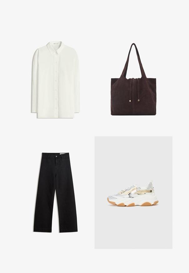 White long-sleeve button-up shirt made from lightweight fabric. Features a classic collar, straight hem, and button front.; Black wide-leg denim pants with a high waist, featuring front and back pockets, stitched seams, and a button closure. Smooth texture.; Chunky sneakers in silver and white mesh, featuring a textured rubber sole, decorative zippers, and a gum rubber outsole.; Mango Tote bag - dark brown