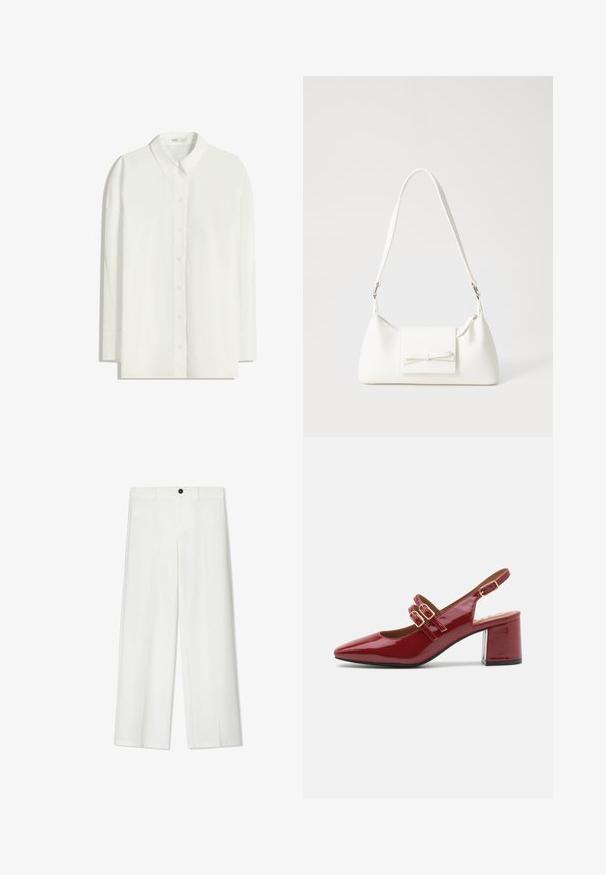 Cămașă albă cu mâneci lungi și nasturi, confecționată dintr-un material ușor. Prezintă un guler clasic, tiv drept și deschidere cu nasturi.; Pantaloni albi, cu croi larg, dintr-o textură fină, cu închidere frontală cu buton și bucle pentru curea, concepuți pentru o încălțare confortabilă.; Pantof de lac roșu, cu tocul deschis, vârful ascuțit, curele cu două catarame în față și un toc gros, pătrat. Finisaj neted și lucios.; Geantă sintetică albă, cu formă triangulară, capac frontal plat și detaliu cu fundă, curea ajustabilă, textură netedă și design minimalist.