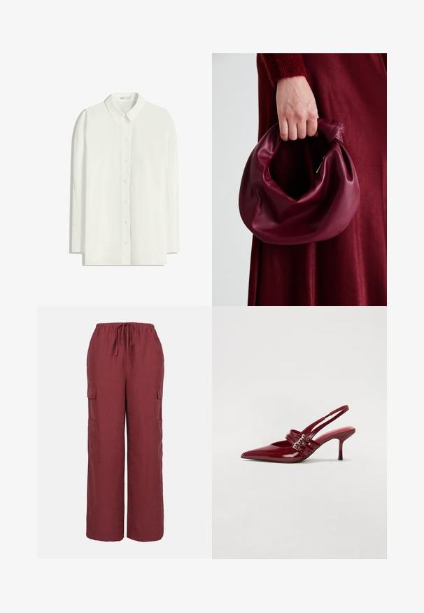 Valkoinen pitkähihainen nappipaita, joka on valmistettu kevyestä kankaasta. Omaisee klassisen kauluksen, suoran helman ja nappi etuosassa.; Burgundin väriset cargo-housut, jotka on valmistettu kevyestä kankaasta. Housuissa on naru vyötäröllä, leveät lahkeet ja kaksi sivutaskua.; Punaiset patenttalahkeet slingback-korkokengät, joissa on terävä kärki, kaksi solkiverkkoa ja kapea, keskipituinen stiletto-korko. Sileä pinta.; Burgundy-nahkakäsilaukku, jossa on pehmeä, ryppyinen muotoilu ja pyöreä muoto. Kahva on kiinnitetty tukevasti, ja siinä on sileä pinta.