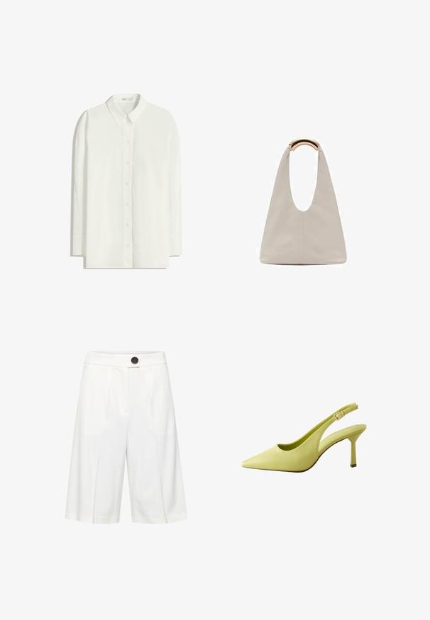 Hvid langærmet skjorte med knaplukning lavet af letvægtsstof. Har en klassisk krave, lige kant og knaplukning foran.; b.young BYRIZETTA - Shorts - off white; Spidsnævede slingback-pump i blød citrongul læder med en smal ankelrem og en slank, lav hæl. Minimalistisk design med glat tekstur.; Lysegrå lædertaske med et U-formet design og et buet metallisk håndtag. Glat tekstur med minimal syning og ingen synlige mønstre.