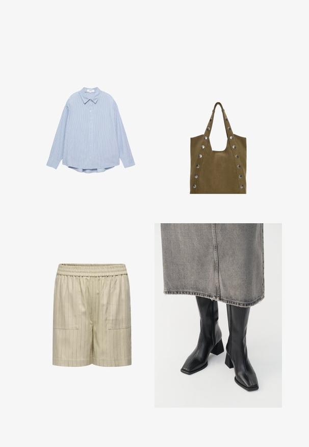 Světle modrá pruhovaná košile s dlouhým rukávem a zapínáním na knoflíky, klasickým límcem a zaobleným spodním lemem. Vyrobena z tkaniny s měkkou strukturou.; Bílá dlouhá mikina s lodním výstřihem, úzký střih a hladká textura, ležící na bílém pozadí.; Béžové bavlněné šortky s vertikálními proužky, elastickým pasem a dvěma předními kapsami, s volným a pohodlným střihem a hladkou texturou.; Černé kozačky do půli stehen z hladké kůže se čtveratou špičkou a blokovým podpatkem. Nosené s šedou džínovou sukní s třepeným lemem.; Khaki semišová taška s dvěma horními uchy, která má velké stříbrné nýty po stranách a velký otvor nahoře pro snadný přístup.