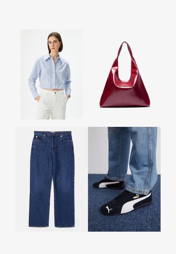 Lyhennetty sinivalkoraidallinen paita, jossa on terävä kaulus, nappikiinnitys ja pitkät hihat, yhdistettynä valkoisiin korkeavyötäröisiin housuihin.; Tummansiniset farkut, joissa on korkea vyötärö, suoralahkeinen muotoilu, viisi taskua ja hopeiset yksityiskohdat. Ominaisuuksiin kuuluu hienoinen haalistuminen ja brodeeratut saumat.; Mustat mokkanahkaiset lenkkarit valkoisilla yksityiskohdilla, joissa on kultainen logo. Yhdistetty vaaleansinisiin farkkusiin ja asetettu tekstuuripintaiseen siniseen taustaan.; Punainen kiiltävä nahkakäsilaukku, jossa on kolmiomainen muoto, leveä yläaukko ja yksi kaareva kahva. Tasainen pinta, jossa on minimaalinen ommeltyyli.