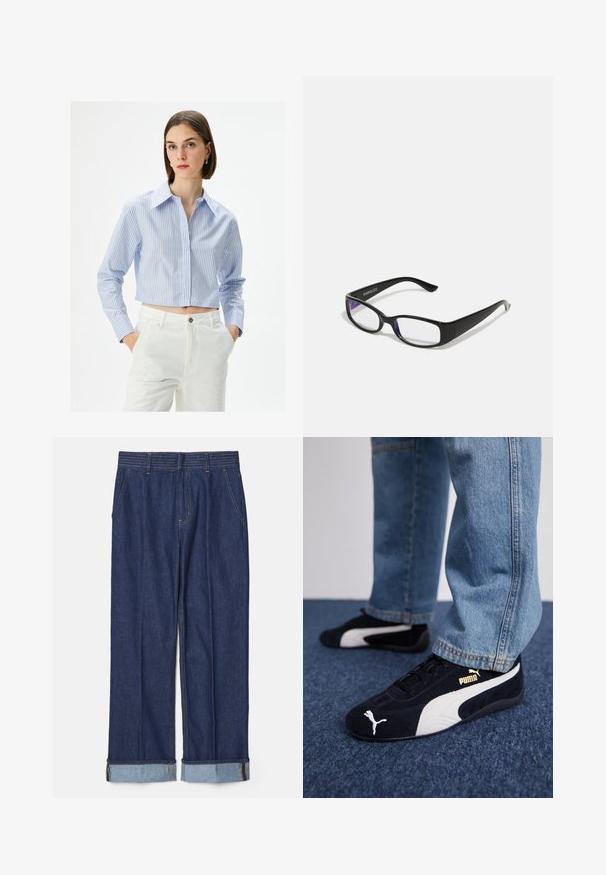 Lyhennetty sinivalkoraidallinen paita, jossa on terävä kaulus, nappikiinnitys ja pitkät hihat, yhdistettynä valkoisiin korkeavyötäröisiin housuihin.; Tummansiniset farkut suoralinjaisella tyyliillä, joissa on viisi taskua ja käännetyt lahkeet vaaleansinisin kontrastitikkauksin.; Mustat mokkanahkaiset lenkkarit valkoisilla yksityiskohdilla, joissa on kultainen logo. Yhdistetty vaaleansinisiin farkkusiin ja asetettu tekstuuripintaiseen siniseen taustaan.; Mustat suorakulmaiset vahvuuslasit, joissa on kirkkaat linssit. Kiiltävä pinta, kapeat sanganvarret ja violetit sävyt näkyvät linssien reunoilla.