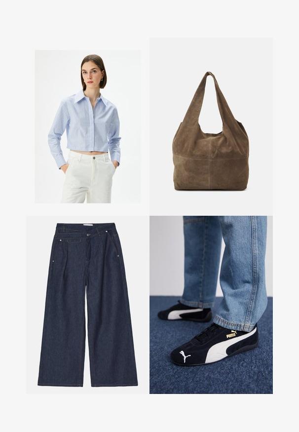 Korte blauwe en witte gestreepte blouse met een puntkraag, knoopsluiting en lange mouwen, gedragen met witte hoge taillebroeken.; MUNTHE SHELLIE - Relaxed fit jeans - indigo; Zwarte suède sneakers met witte accenten, voorzien van een gouden logo. Gemaakt met lichtblauwe spijkerbroek en geplaatst op een textuur blauwe ondergrond.; Bruine suède hobo tas met een enkele schouderband, zachte textuur en een ronde vorm. Kenmerkt zich door een naad in het midden voor extra detail.