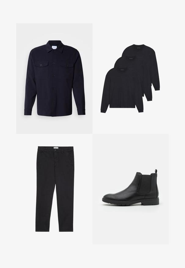 Námořnická modrá košile s kapsami na hrudi, vyrobená z měkké látky, s knoflíkovou přední částí a dlouhými rukávy se zapínáním na knoflíky.; Tři černé dlouhé rukávy košile vyrobené z měkké látky, s kulatými výstřihy a přiléhavými manžetami. Minimalistický design bez viditelných vzorů.; Černé bavlněné kalhoty s úzkým střihem, které mají dvě boční kapsy a přední zapínání na knoflík. Texturovaná tkanina s jemnými detaily.; Černé kožené Chelsea boty s elastickými bočními panely a poutkem, s kulatou špičkou a texturovanou gumovou podrážkou.