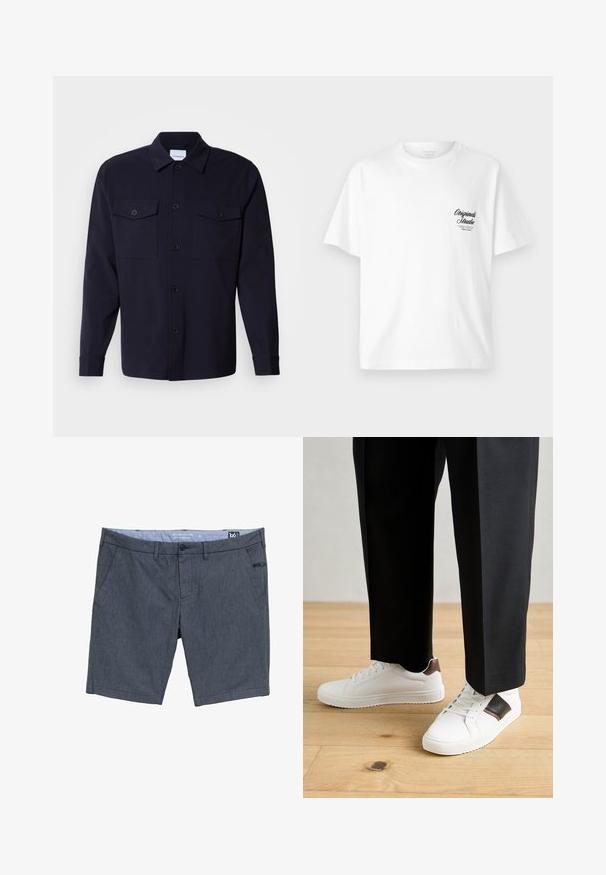 Sötétkék ingdzseki, puha anyagból készült, két mellzsebbel, gombos elülső részével és hosszú ujjaival, melyek gombos mandzsettával záródnak.; Fehér pamut póló kerek nyakkivágással, rövid ujjakkal, és egy fekete nyomott logóval a bal mellen, amely egy vintage stílusú betűtípust mutat.; Sötétkék rövidnadrág, texturált anyagból készült. Két oldalsó zsebbel, gombos záródással és egy kis díszcímkével rendelkezik az elején.; Fehér sneaker, sima textúrával, barna bőr díszítéssel és fekete részletekkel, fekete szabott nadrággal párosítva. Fából készült padló háttér.