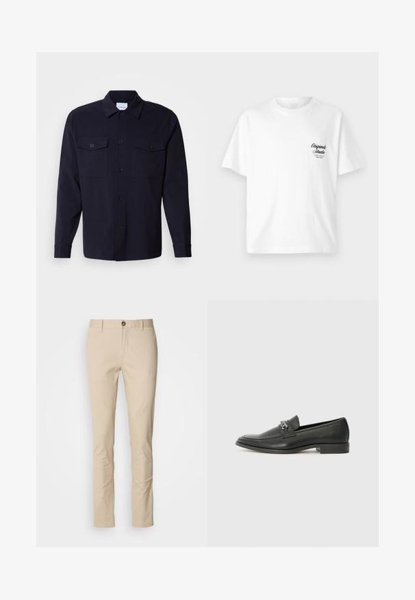 Sötétkék ingdzseki, puha anyagból készült, két mellzsebbel, gombos elülső részével és hosszú ujjaival, melyek gombos mandzsettával záródnak.; Fehér pamut póló kerek nyakkivágással, rövid ujjakkal, és egy fekete nyomott logóval a bal mellen, amely egy vintage stílusú betűtípust mutat.; Beige vászon nadrág slim fit szabással, gombos záródással, finom textúrával és standard zsebekkel. Egyszerű dizájn, nélküli minták vagy díszítések.; Fekete bőr loaferek sima felülettel, varrott mintával és díszítő fém lánccal a cipő elején. Lapos sarok.