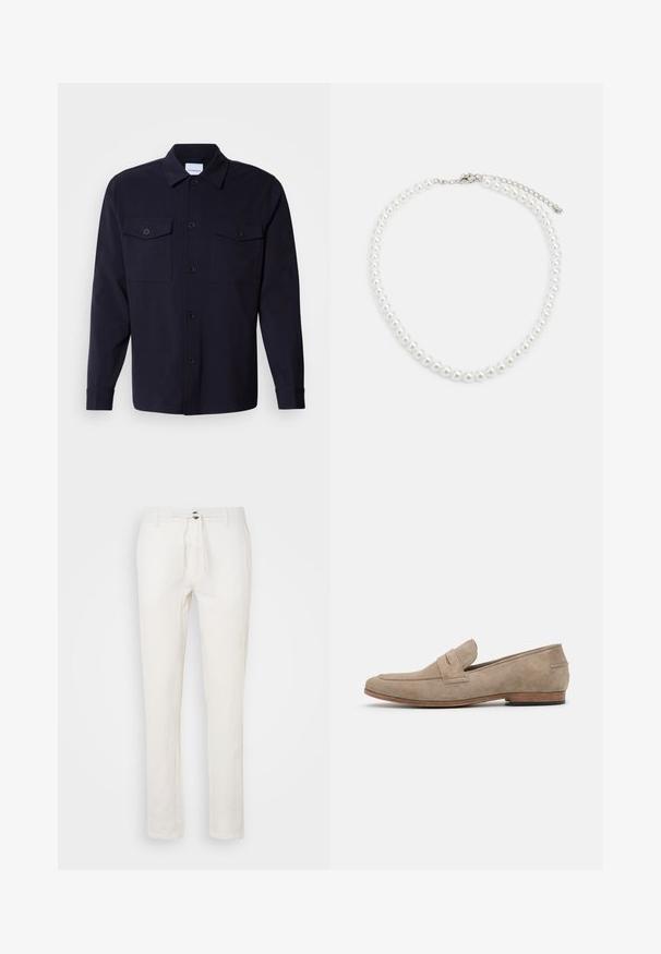 Tamsiai mėlynas marškinėlių švarkas, pagamintas iš minkštos medžiagos, su dviem krūtinės kišenėmis, sagčių uždarymu priekyje ir ilgomis rankovėmis su sagčių apykaklėmis.; Balta medvilninė marškinėliai, su trumpomis rankovėmis ir apvaliu kaklu, su išsiuvinėtu gėlės raštu rožinės ir juodos spalvos kairėje krūtinės pusėje.; Balti lininiai kelnes su raišteliu juosmenyje, tiesaus kirpimo dizainas ir subtili tekstūra. Nėra matomų kišenių ar raštų.; Bežiniai zomšiniai loaferiai su minimaliais siūlais, plokščiu kulnu ir odiniu padu. Yra vienas dirželio akcentas prie vampo. Plokščias siluetas.; Balta perlų kaklo grandinėlė, su vienodai apvalia forma, lygiu paviršiumi ir metaline sagtimi su ilginimo grandinėle, leidžiančia reguliuoti ilgį.