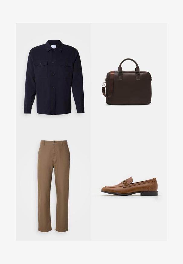 Marineblaue Hemdjacke aus weichem Stoff, mit zwei Brusttaschen, einer Knopfleiste und langen Ärmeln mit geknöpftem Bündchen.; Braune Baumwollhosen mit geradem Schnitt, Knopfverschluss und Seiten Taschen. Sie verfügen über eine glatte Textur und ein schlichtes, unverziertes Design.; Braune Lederloafers mit flachem Absatz, die eine dekorative Metallakzentuiert auf der Vorderseite, ein elegantes Design und eine glatte Textur aufweisen.; Braune Leder-Laptoptasche mit strukturierter Oberfläche, doppelten Obergriffen, verstellbarem Gurt und zwei vorderen Schnallen für zusätzlichen Detailreichtum.