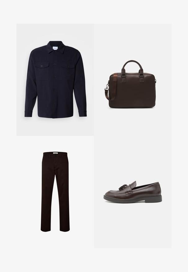 Giacca camicia blu navy realizzata in morbido tessuto, dotata di due tasche sul petto, una chiusura frontale con bottoni e maniche lunghe con polsini abbottonati.; Pantaloni in cotone marrone scuro con taglio dritto classico, caratterizzati da una chiusura frontale con bottone, passanti per la cintura e tasche laterali.; Mocassini in pelle marrone con punta tonda, un foulard decorativo, dettagli cuciti e un tacco in gomma basso per un maggiore comfort.; Borsa per laptop in pelle marrone con superficie texturizzata, doppi manici superiori, cinturino regolabile e due fibbie frontali per un tocco di originalità.