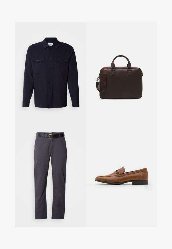 Veste en jean bleu marine faite d'un tissu doux, avec deux poches poitrine, une fermeture à boutons à l'avant et des manches longues avec des poignets à boutons.; Pantalons en coton noir à coupe droite, avec deux poches avant et une ceinture. Le tissu a une texture lisse et un fini mat.; Mocassins en cuir marron avec un talon plat, ornés d'un accent métallique décoratif à l'avant, au design épuré et à la texture lisse.; Sac à ordinateur en cuir marron avec une surface texturée, deux poignées supérieures, une bandoulière réglable et deux boucles à l'avant pour un détail supplémentaire.