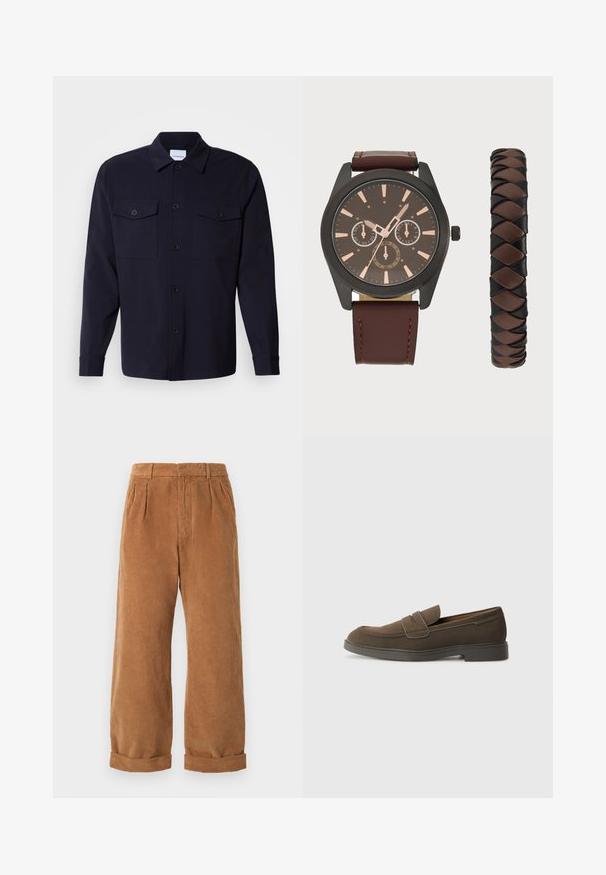Camisa-jaqueta azul-marinho feita de tecido suave, com dois bolsos no peito, fechamento frontal com botões e mangas longas com punhos com botão.; Calças de cânhamo castanhas com um design de perna larga, apresentando pregas frontais e bainhas dobradas. O tecido tem uma aparência texturada e estriada.; Mocassim de camurça castanho com bico arredondado, uma tira atravessando o peito do pé e uma sola de borracha plana. Design simples com linhas limpas e detalhes mínimos.; Pier One SET - Relógio - black/brown