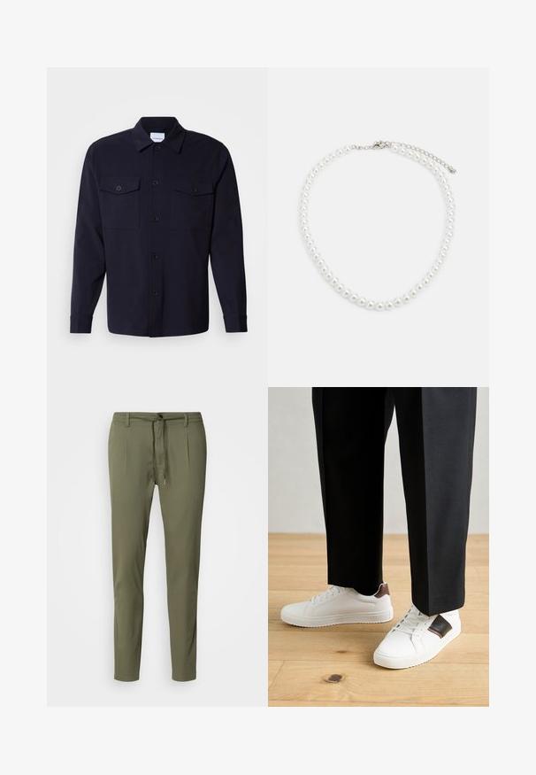 Tummansininen paitatakki, joka on valmistettu pehmeästä kankaasta. Siinä on kaksi rintataskua, nappikiinnitys edessä ja pitkät hihat nappikiinnityksellä.; Oliivinvihreät housut kevyestä kankaasta, joissa on kiristettävä vyötärö, kaksi etupleikkausta ja kapeneva leikkaus. Sujuva rakenne.; Valkoiset tennarit, joissa on sileä pinta, ruskealla nahka-akentilla ja mustilla yksityiskohdilla, yhdistetty mustiin räätälöityihin housuihin. Taustalla puulattia.; Valkoinen helminauha, jossa on tasainen pyöreä muoto, sileä pinta ja metallisolki, jossa on pidennysketju säädettävää pituutta varten.