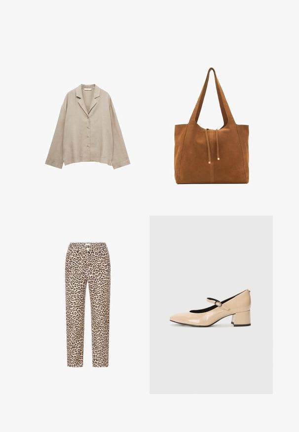 Beige Leinenhemd mit lockerer Passform, Notchkragen und fünf Knöpfen. Verfügt über lange Ärmel und einen geraden Saum mit dezenten Stichdetails.; Die Leopardenmuster-Hose hat einen beigen Hintergrund mit schwarzen Flecken, einen geraden Schnitt und einen klassischen Bund mit einem Frontknopfverschluss.; Beige Lackleder Mary Jane Schuhe mit einer angedeuteten Zehenpartie, einem Schnallenriegel und einem Mid-Height Blockabsatz. Glatte Textur mit glänzender Oberfläche.; Braune Wildleder-Tasche mit zwei langen Trägern, Zugverschluss und minimalistischem Design. Glatte Textur und keine sichtbaren Hardware-Details.
