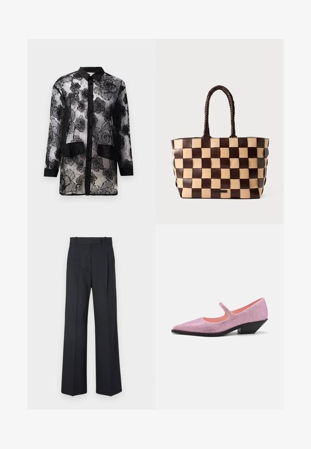 Černá krajková košile s květinovou výšivkou, má zapínání na knoflíky, dlouhé rukávy a dvě náprsní kapsy v pase.; Tmavě modré kalhoty s pruhy, vysokým pasem, širokým nohavicemi a bez viditelného kování nebo ozdob. Hladká textura a přesně padnoucí střih.; Růžové lodičky Mary Jane ozdobené kamínky, s špičatou špičkou, otevřenými stranami a nízkým, šikmým černým podpatkem. Hladká vnitřní podšívka.; Hnědo-beige kožená taška přes rameno s tkaným vzorem ve tvaru šachovnice a copánkovými úchyty na bílém pozadí.