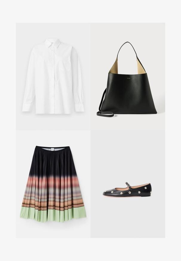 White long-sleeve shirt made of cotton, featuring a classic collar, button closure, and a single breast pocket on the left side.; Pleated skirt in black with an ombre gradient transitioning from orange to mint green at the hem, featuring colorful striped accents.; Black leather Mary Jane flat shoe with a rounded toe, featuring silver circular studs and an adjustable strap with a buckle.; Black leather tote bag with a spacious, angular design. Features a contrast tan interior and thin shoulder strap. Minimalist branding displayed.