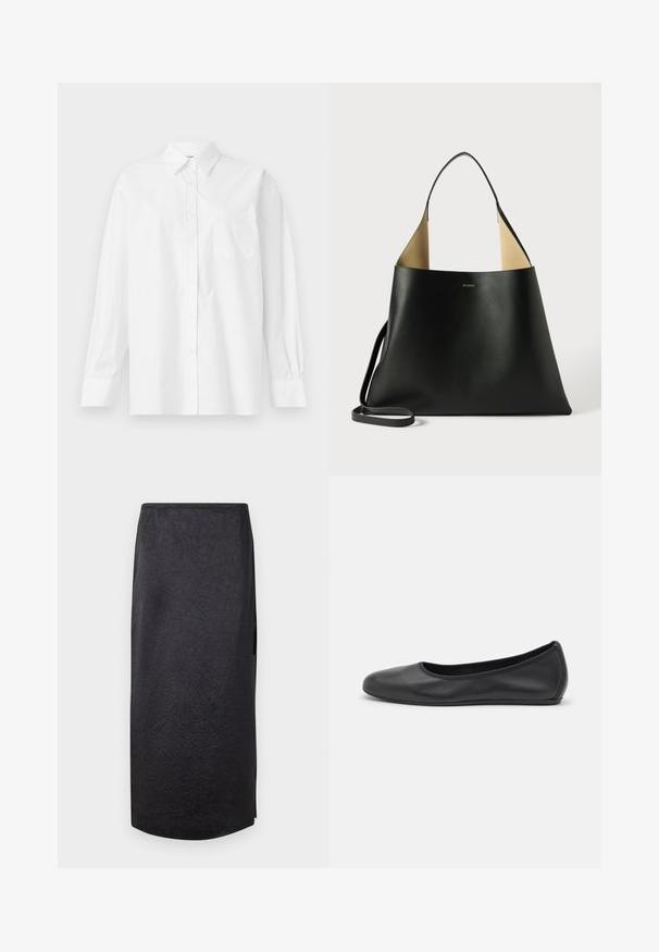 White long-sleeve shirt made of cotton, featuring a classic collar, button closure, and a single breast pocket on the left side.; Black midi skirt with a crinkled texture, straight cut, and side slit. Material appears lightweight. Hemline is slightly rounded.; Black leather ballet flat with a rounded toe, smooth texture, minimal stitching detail, and a flexible sole design.; Black leather tote bag with a spacious, angular design. Features a contrast tan interior and thin shoulder strap. Minimalist branding displayed.