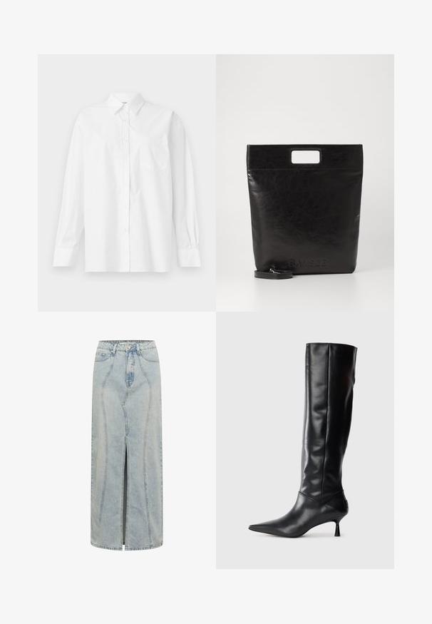 Bílá košile s dlouhým rukávem vyrobená z bavlny, s klasickým límečkem, zapínáním na knoflíky a jednou náprsní kapsou na levé straně.; Světle modrá denimová sukně se přímým střihem, s předním rozparkem, poutky na opasek a detailním prošíváním podél švů.; Černé kožené vysoké boty po kolena s špičatou špičkou a štíhlým zakřiveným podpatkem. Hladký povrch, přiléhavý design a žádné viditelné kování nebo vzory.; Černá kožená taška přes rameno se čtvercovou rukojetí, s texturovaným povrchem a embosovaným logem. Obsahuje odnímatelný popruh.