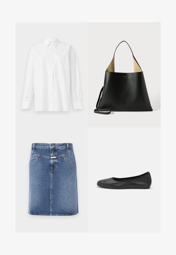 Camisa branca de manga longa feita de algodão, com colarinho clássico, fecho de botão e um único bolso no lado esquerdo.; Saia de ganga em azul médio, com corte reto, fecho frontal de botão, design de cinco bolsos e uma textura ligeiramente desbotada.; Bailarina preta em pele com bico arredondado, textura suave, detalhe de costura minimalista e design de sola flexível.; Bolsa tote de couro preta com um design espaçoso e angular. Apresenta um interior em tom bege contrastante e uma alça de ombro fina. Branding minimalista exibido.