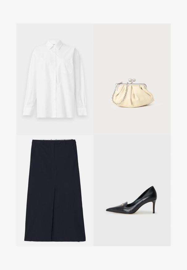 White long-sleeve shirt made of cotton, featuring a classic collar, button closure, and a single breast pocket on the left side.; DESIGNERS REMIX SCOTT LONG SKIRT - Maxi skirt - navy; Black leather pump with a pointed toe, low-cut vamp, and a decorative gold accent. Features a stiletto heel and smooth texture.; Pleated beige leather clutch with a silver metal frame, featuring two round decorative clasps and a silver chain strap.