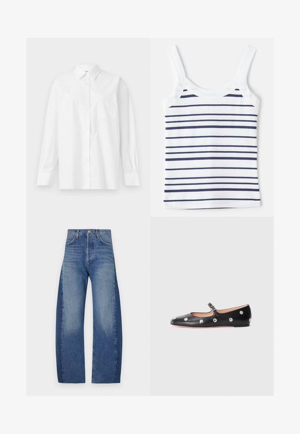 Balta ilga rankovėmis marškiniai, pagaminti iš medvilnės, su klasikiniu apykakle, mygtukų uždarymu ir vienu krūtinės kišeniu kairėje pusėje.; Dryžuota liemenėle su baltais ir tamsiai mėlynais horizontaliais dryžiais, pagaminta iš raštuoto audinio. Ji turi plačias petnešas ir apvalią iškirptę.; Džinsai su šviesiai tamsiai mėlynu gradientu, pasižymintys laisvu plačia kojos siluetu, penkių kišenių dizainu ir matomais siuvinėjimo detalėmis.; Juodų odinių Mary Jane plokščių batų su apvaliu pirštu, papuoštų sidabriniais apvaliais nagais ir reguliuojamu dirželiu su sagtimi.